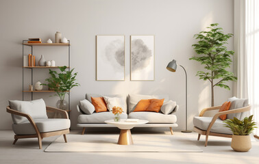 Stylish orange colour living room with design furniture, plants, book stand and wooden desk. Modern decor of bright room. Created with Generative AI