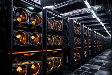 Bitcoin miners in large farm. ASIC mining equipment on stand racks mine cryptocurrency in steel container. Blockchain techology application specific integrated circuit datacenter. Server room lights.