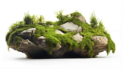 Fototapeta na wymiar Isolated on white background, a floating rock island covered with green moss, grass, and fern.