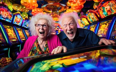 Obraz premium Grandma and grandpa in a crowded casino with slot machines, card tables, chips