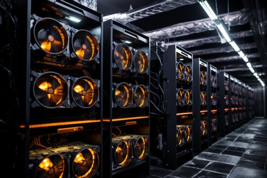 Bitcoin miners in large farm. ASIC mining equipment on stand racks mine cryptocurrency in steel container. Blockchain techology application specific integrated circuit datacenter. Server room lights.