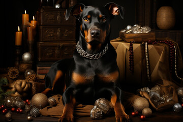 Beautiful Rottweiler dog, with short, soft and shiny fur, black and brown, in a cute Christmas set, with spheres and Christmas decoration, generative AI