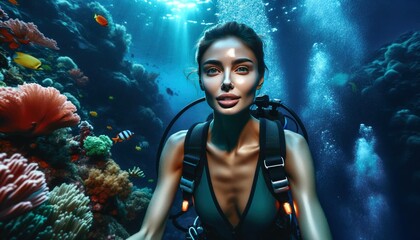 Naklejka na ściany i meble A daring scuba female diver explores the vibrant coral reef, surrounded by marine life.