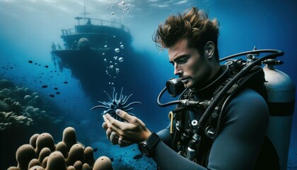 A daring scuba male diver explores the vibrant coral reef, surrounded by marine life. - Powered by Adobe