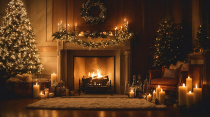 Fototapeta na wymiar Christmas night decoration fireplace and living room with a christmas tree