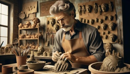 Fototapeta na wymiar An elderly sculptor molds clay with skilled hands, crafting art in a serene pottery studio.
