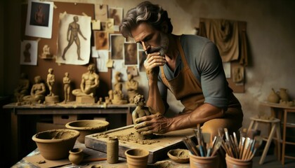 An elderly sculptor molds clay with skilled hands, crafting art in a serene pottery studio.