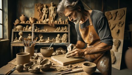 An elderly sculptor molds clay with skilled hands, crafting art in a serene pottery studio. - obrazy, fototapety, plakaty