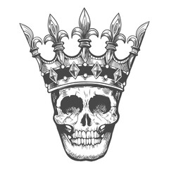 skull, crown, head, illustration, isolated, dead, death, king, skeleton, tattoo, art, Human Skull in a Crown Engraving Sketch Tattoo