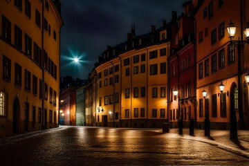 A scenic view of Stockholm's Gamla Stan, cobblestone streets lined with colorful historic buildings, the soft glow of streetlights