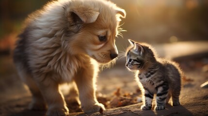 A dog and a kitten are standing together