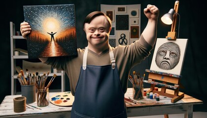 An artist with Down syndrome proudly displays his work.