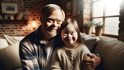 Family members with Down syndrome taking care of their grandchildren with Down syndrome. - obrazy, fototapety, plakaty