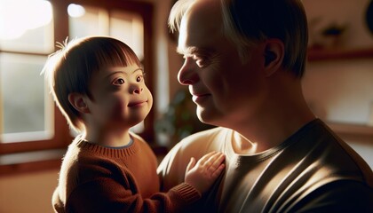 Family members with Down syndrome taking care of their grandchildren with Down syndrome. - obrazy, fototapety, plakaty