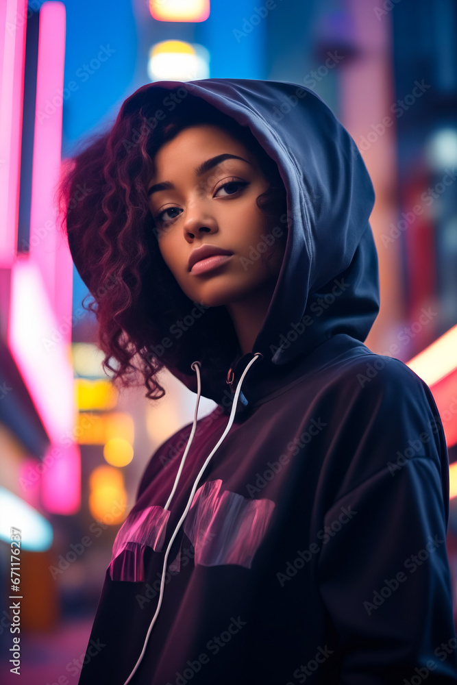 Poster woman with curly hair wearing hoodie and looking at the camera.