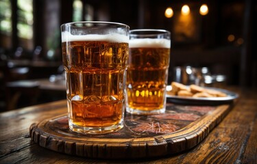 Soft edges, blurred details, bold textures. Two glasses of beer sit in a wooden tray
