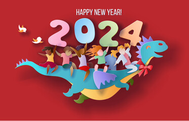 2024 New Year design card with kids flying on dragon on purple background