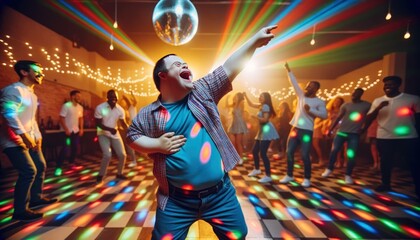 Young man with Down syndrome having fun at the disco.