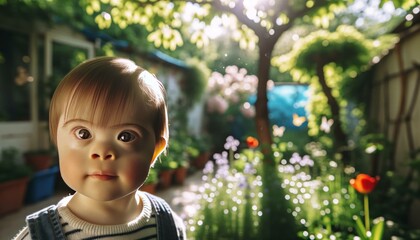 A cheerful little baby with Down Syndrome, surrounded by flying butterflies, is enjoying her time in a magical garden.