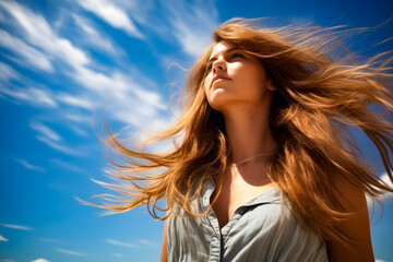 Woman with long hair is looking up into the sky.