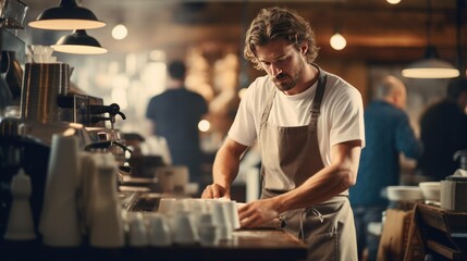 Expert barista prepares coffee with great passion. - obrazy, fototapety, plakaty
