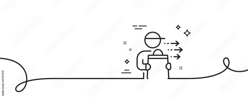 Poster food delivery line icon. continuous one line with curl. courier with order sign. catering service sy
