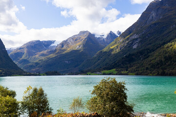 Autumn landscape in Briksdalbreen glacier valley in South Norway, Europe.
