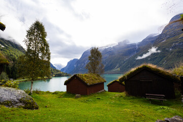 Traditional houses in Lovatnet lake valley in south Norway, Europe