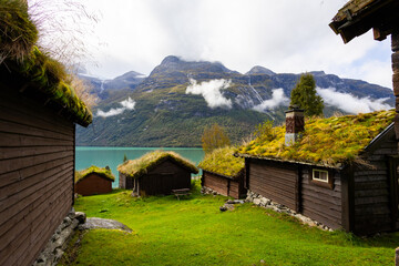 Traditional houses in Lovatnet lake valley in south Norway, Europe
