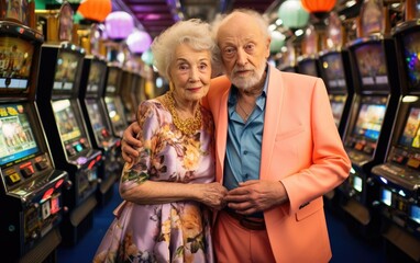 Grandma and grandpa in a crowded casino with slot machines, card tables, chips