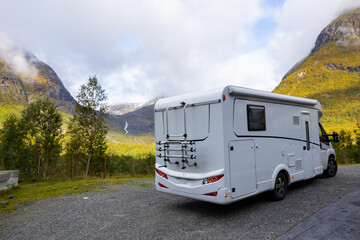 Motorhome camper in autumn in Trollstigen road in Norway, Europe