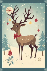 Card with cheerful reindeer and ornaments in vintage style