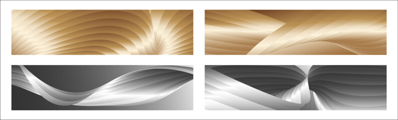 Wavy silver and gold parallel gradient lines, ribbons, silk. Set of 4 backgrounds. Black and white with shades of gray or golden silk. Banner, poster. eps vector