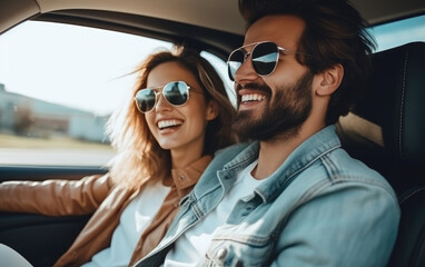 A man driving a car with his girlfriend and having fun