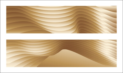 Wavy golden parallel gradient lines, ribbons, silk. Golden with shades of yellow background, banner, poster. Set of 2 backgrounds. Eps vector