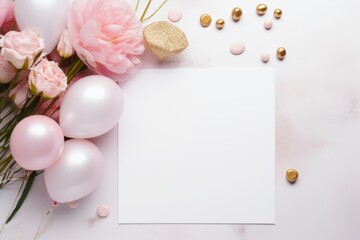 Romantic background for wedding, Valentine's Day and birthday. Realistic design element, white and pink balloons, 
flowers and rose