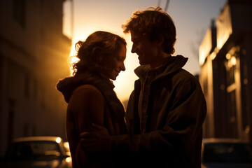 Portrait of a beautiful young smiling couple in the sunset light in the city.