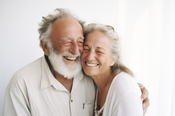 A beautiful elderly couple hugs and smiles in a bright room.