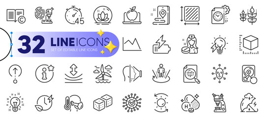 Outline set of Gluten free, Coronavirus and Package size line icons for web with Resilience, Sick man, Sun protection thin icon. Microscope, Square area, Place pictogram icon. Vitamin h1. Vector