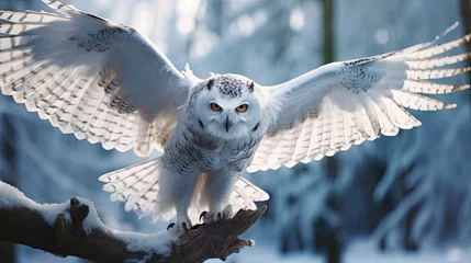 Tuinposter  an owl spreads its wings as it perches on a branch in front of a snow - covered forest with trees and branches, in the foreground is a blue sky.  generative ai © Natalja