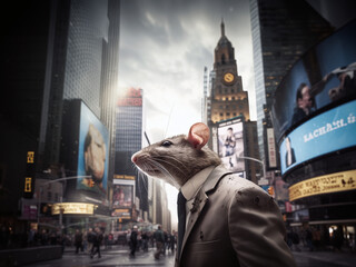 a rat dressed in business attire in the middle of a big city