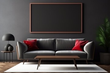 mock up big poster frame in modern interior background, Black and red living room, 3D render, 3D illustration