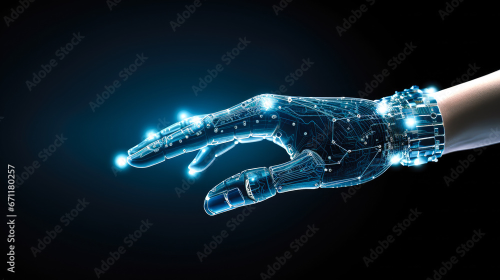 Poster robot hand on dark background creating digital artificial intelligence