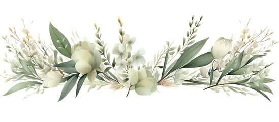 A collection of eucalyptus and pampas grass illustrations in watercolor These floral designs painted by hand exhibit neutral colors and are set against a sage green border and frame The bot - obrazy, fototapety, plakaty