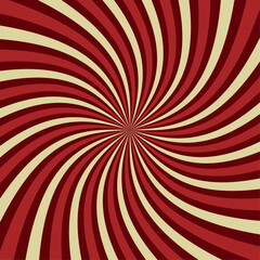Red and beige spiral rays background. Abstract colorful retro design Brightly coloured striped perspective with waves and swirls Striped spiral Vector illustration