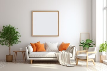 a comfortable seating area, a group of orange pillows, an empty frame on the wall brown mock up photo white photo frame with green leaf. environment concept