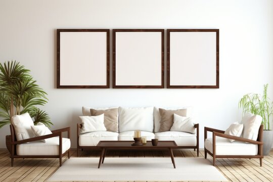 brown and cream sofa set with 3 empty frames on the wall brown photo frame with green leaf. environment concept