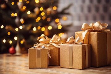 Gifts in front of a christmas tree. Christmas presents on floor near fir tree. Generative AI