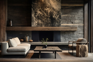 Modern and sleek rustic interior with fireplace. Generative AI