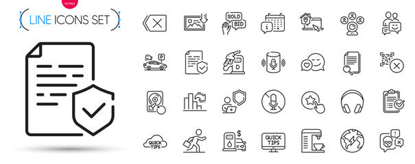 Pack of Coffee machine, Bid offer and Certificate line icons. Include Survey checklist, Shield, Filling station pictogram icons. Remove, Web tutorials, Electricity signs. Download photo. Vector